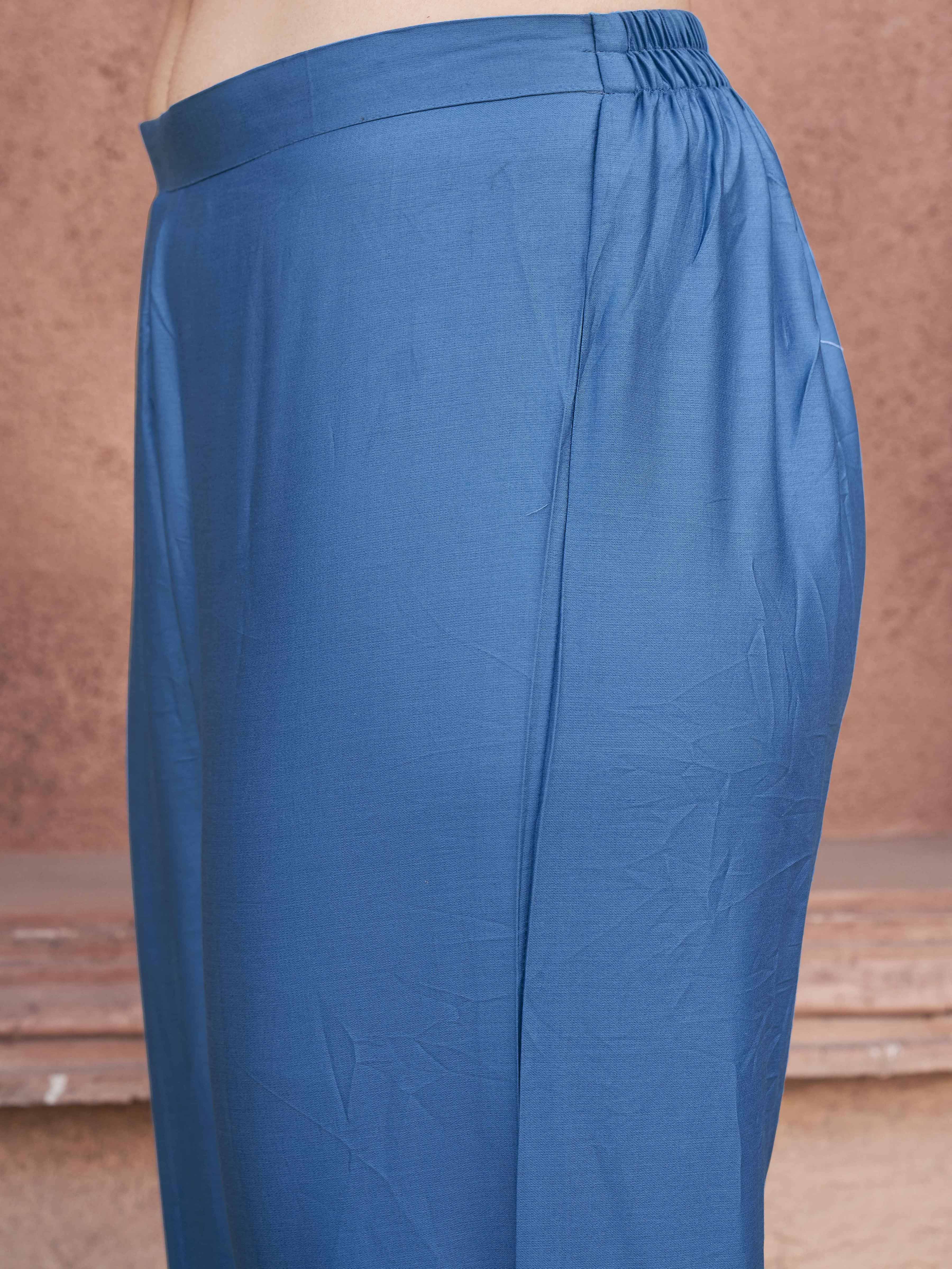 Blue Cotton Blend With White Thread Work Kurta Set